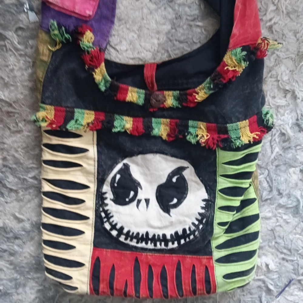 Handmade Colorful Jack Skellington Face Skull Hippie Shoulder Bag - Picture 4 of 8